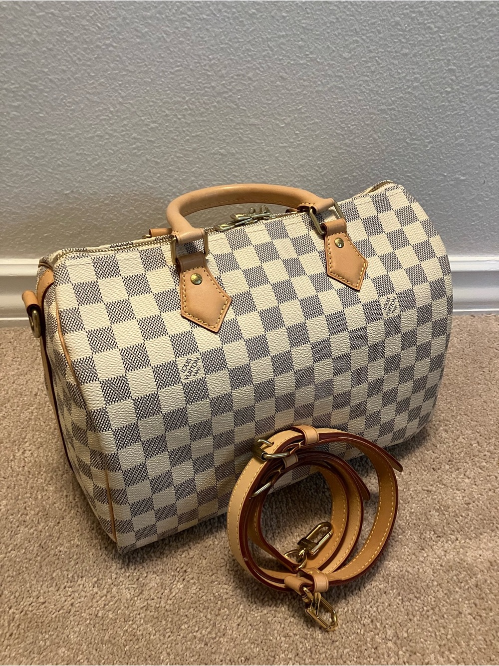 Louis Vuitton Speedy Bandoulière 30 Damier Azur w/ Strap Lock Key Dust Bag EXC